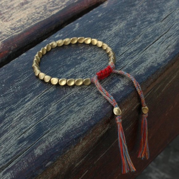 Handmade Tibetan Buddhist Woven Copper Beads Cotton String Unisex Bracelet Gift - Picture 5 of 7